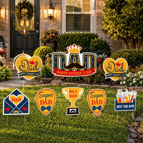Happy Fathers Day Yard Signs, 8-Pack Outdoor Lawn Decorations with Stakes, Weatherproof Plastic, Super Dad & Best Dad Ever, Father's Day Party & Photo Backdrop