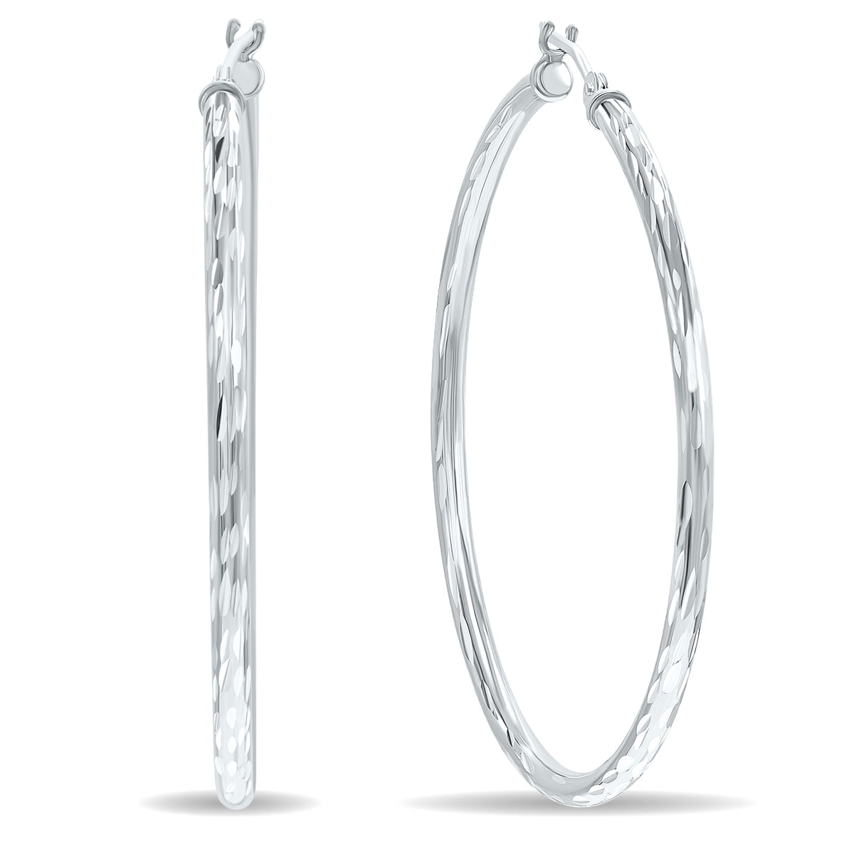 SZUL Women's 14K White Gold Shiny Diamond Cut Engraved Hoop