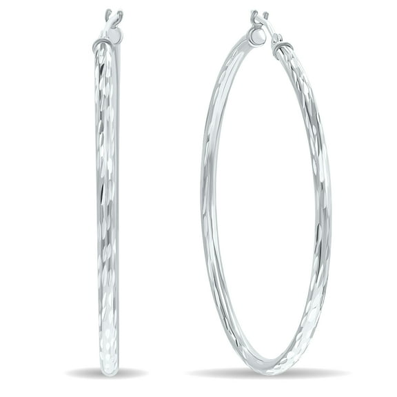 SZUL Women's 10K White Gold Shiny Diamond Cut Engraved Hoop Earrings (40mm)