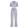 thumbnail image 5 of 2 Piece Sets for Women Plus Size Two Piece Sets for Women Shorts Denim Ladies Two Piece Lace-Neck Short Sleeve Top Women Wide Leg Solid Color Straight Casual Pants Set, 5 of 5