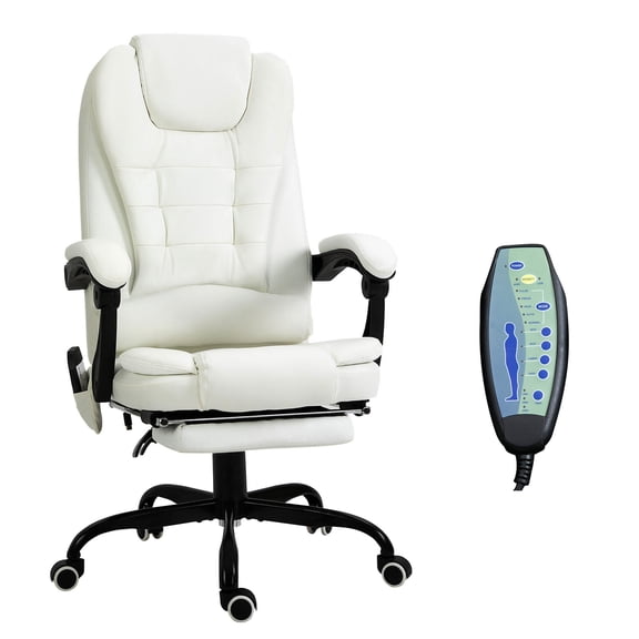 White Faux Leather Massage Office Chair with Vibrating Motors, High Back Reclining Computer Chair for Living Room