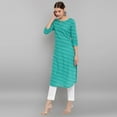 thumbnail image 4 of Janasya Indian Keyhole Neck Roll-up Sleeve Leheriya Sea Green Cotton Kurta For Women, 4 of 7