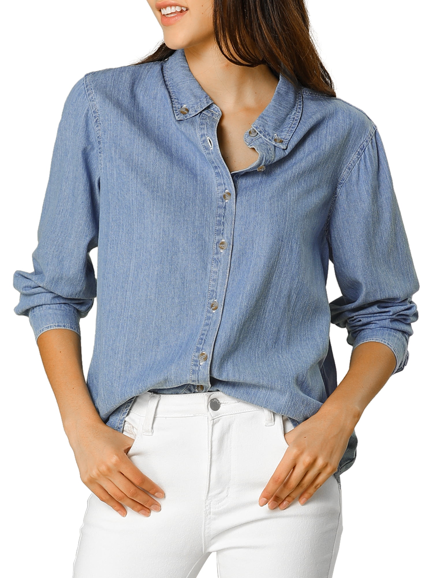 Allegra K - Allegra K Women's Classic Long Sleeve Button Up Denim Shirt