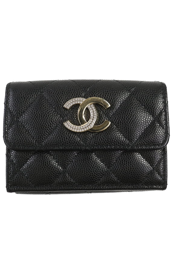 Pre-Owned CHANEL AP4173 Caviar Skin Coco Mark Matelass Small Flap Wallet Tri-fold Black Gold...