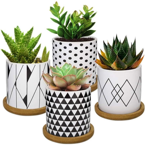 Paquete de 4 macetas, mini macetas de jardinería suculentas de cerámica con bandeja de bambú para plantas pequeñas, flores, cactus, decoración del hogar Vhermosa YQ-1556