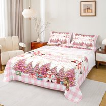 Manfei Xmas Cartoon Snowman Queen Sheet Sets,Merry Christmas Flat Sheet,Gold Snowflake Bell Queen Fitted Sheet For Princess,Luxury Bedroom Decor,4-Piece