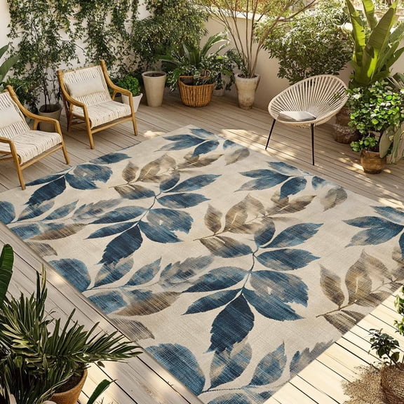 Fsddascl Navy Blue Brown Botanical Outdoor Rug for Patio/Deck/Porch, Non-Slip Large Area Rug 5 x 8 Ft, Retro Elegant Palm Leaves Indoor Outdoor Rugs Washable Area Rugs, Reversible Camping Rug Carpet