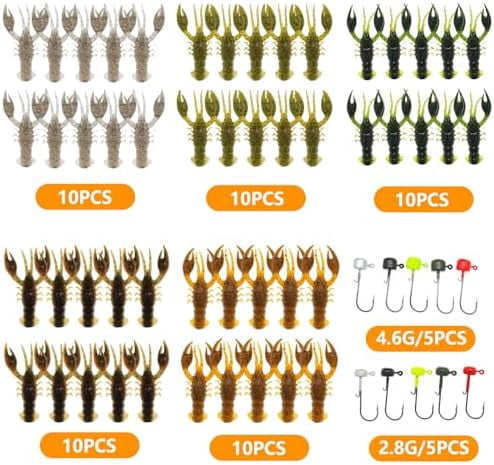 Soft Plastic Crawfish Lures Kit with Jig Heads, 25pcs/60pcs Creature Baits Fishing Lure Set for Bass Trout Pike Freshwater Fishing
