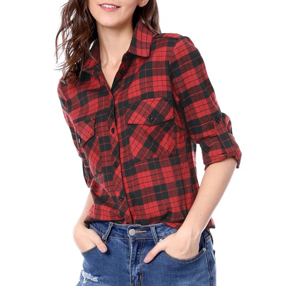 Unique Bargains Junior's Check Roll Up Sleeves Flap Pockets Brushed Shirt