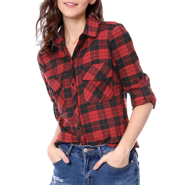 INSPIRE CHIC Chemise à Carreaux pour Femmes Manches Longues Retroussables avec Poches à Rabat Brossées L Noir Rouge