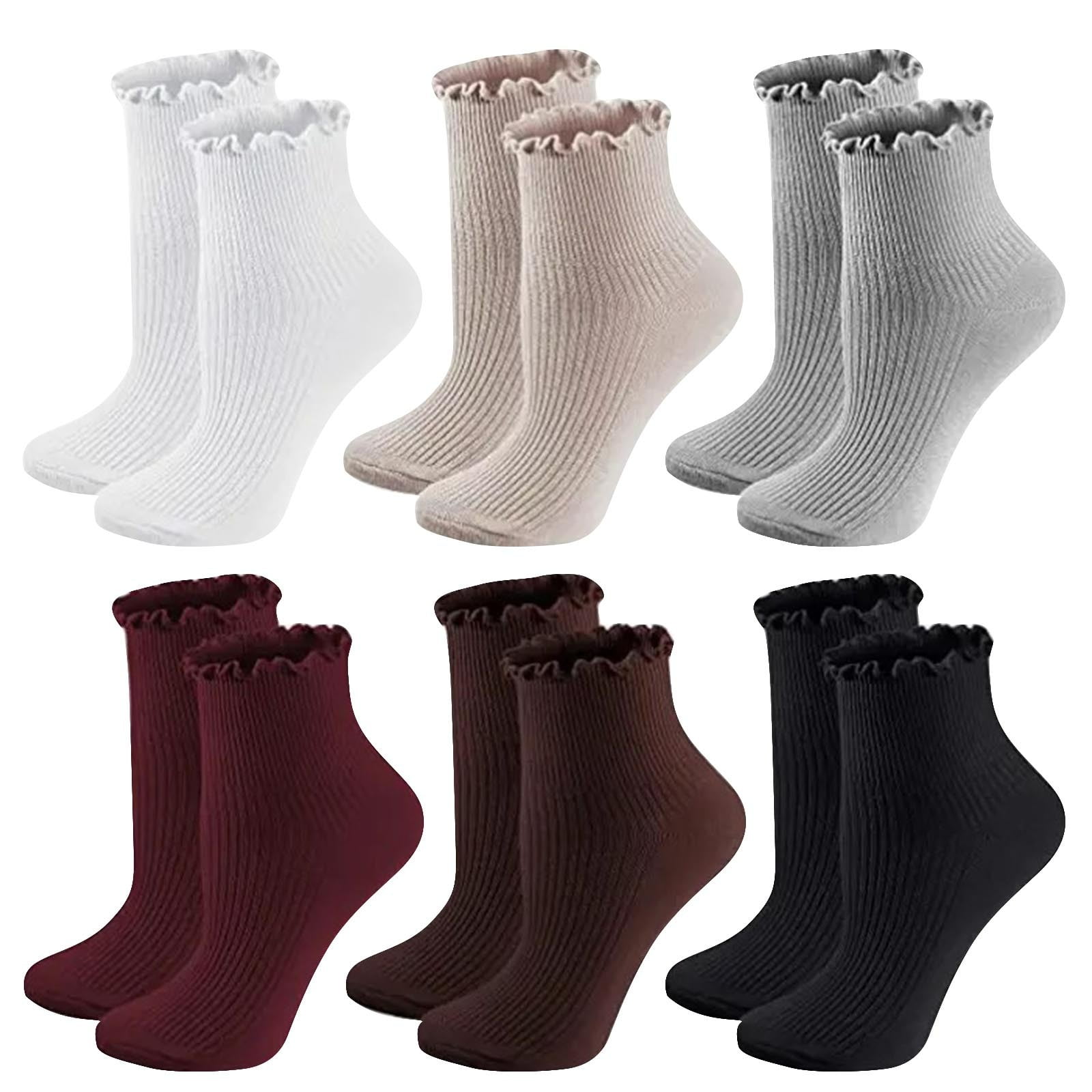 NTACZA Ankle Fall Socks Women 6 Pairs Beige Cotton Socks Women Breathable Ruffle Socks