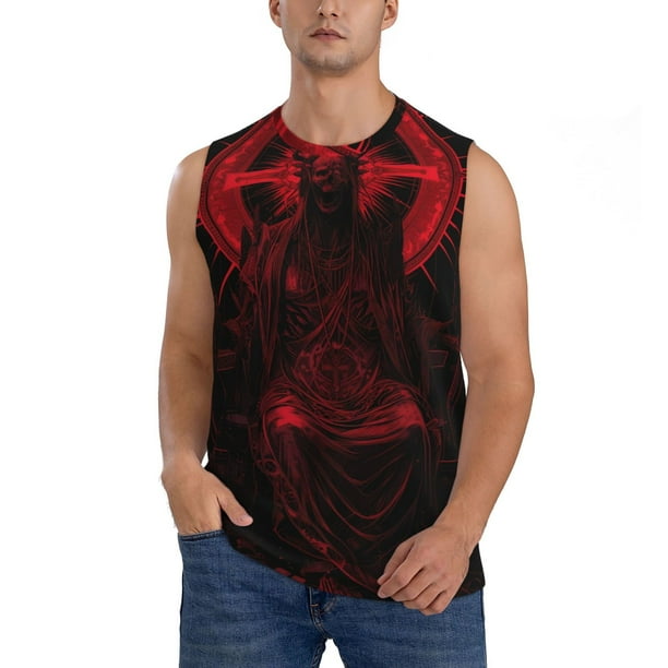Fotbe Red Gothic Skeleton Throne Men's Camiseta sin Mangas Estampada para Hombres, Playera Casual para Gimnasio, Entrenamiento, Playa-X-Large