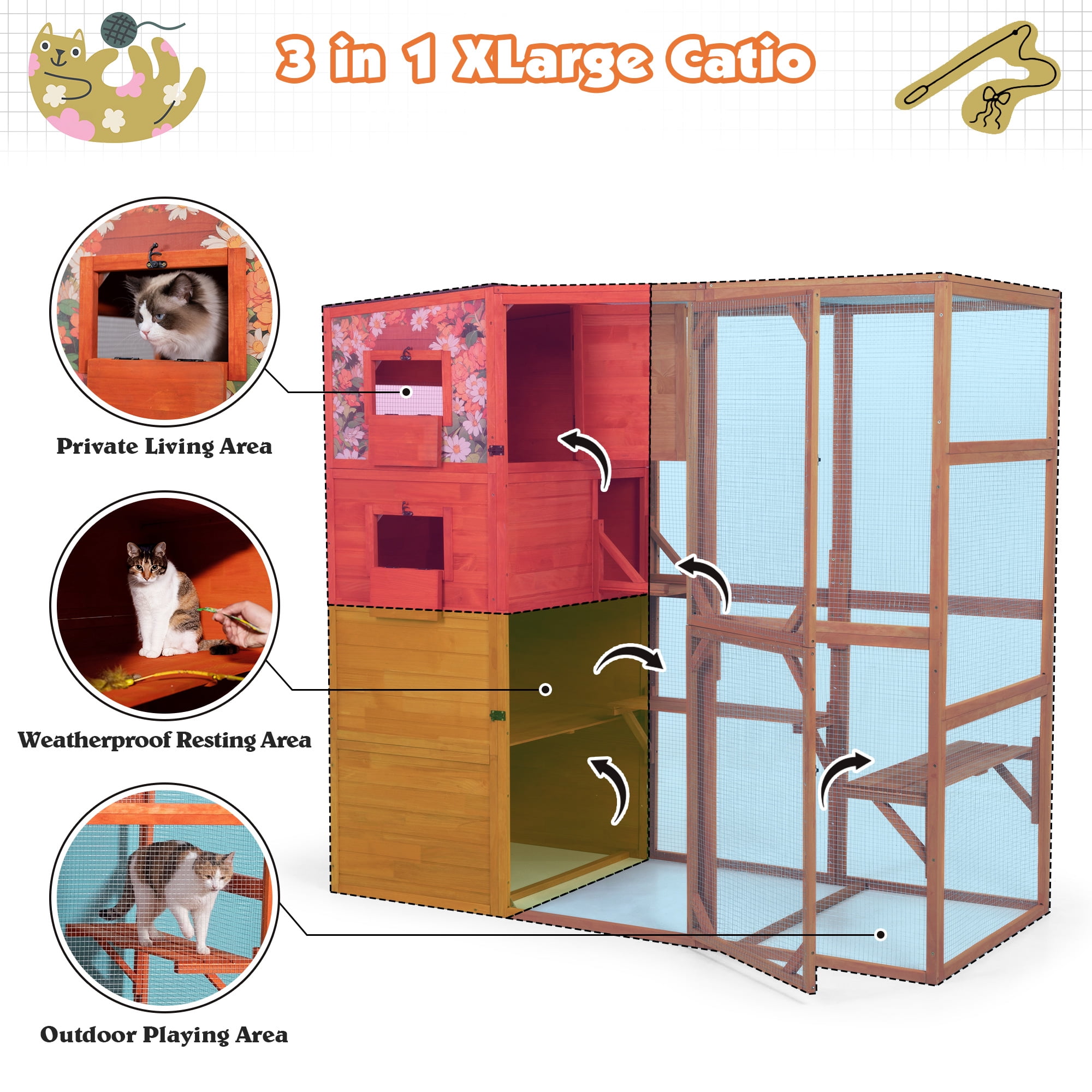 COZIWOW Wood  Cat House Catio Outdoor Enclosure, 2 Resting Condos, 2 Platforms, 4-Tier Cat Play Cage, Orange