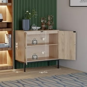 Brafab 63 Buffet Sideboard Cabinets, 4 Door Rattan Storage Cabinet Accent Entryway Chest Console Table Liquor Wood Cupboard for Dining Room, Living Room, Kitchen,63 X 31.5 X 15.75 Inches,Oak Color