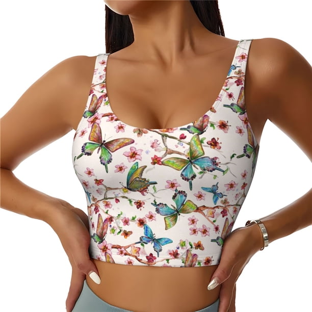 Balery Watercolor Floral With Butterflies Sujetadores deportivos con espalda cruzada para mujer, acolchados, sin costuras, de alto impacto, ideales para yoga, gimnasio, entrenamiento y fitness.-Large