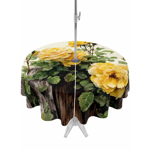 Outdoor Tablecloth with Umbrella Hole for Patio/Picnic/Party/Camping, Spring Floral Waterproof Table Cloth Round Cover Washable, Yellow Roses Leaves Country Botanical Farmhouse (Dia 60")