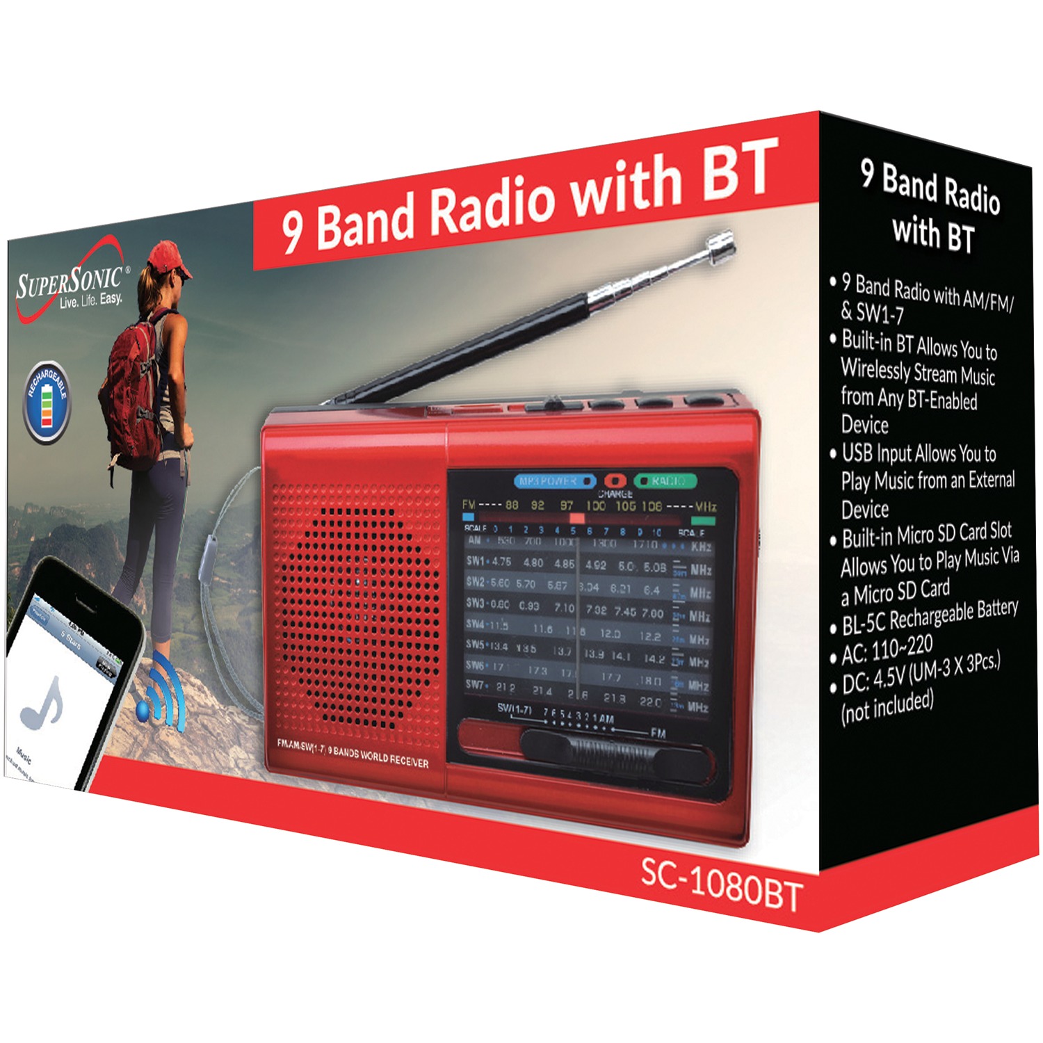 Supersonic Portable AM/FM Radio, Red, SC-1080BT-Red - image 3 of 3