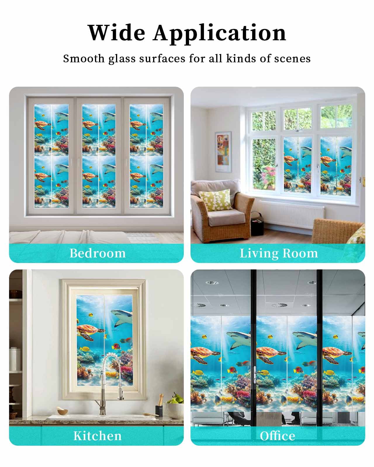 Window Privacy Film Turtle Stained Glass Window Film Decorative Sun Block Window Cover Shark Ocean Coral Underwater Scenery Sea Window Clings Static Adhesive Sticker for Bathroom 23.6"x59"