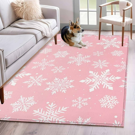 Pink White Snowflake Christmas Area Rug 3x5 Washable Rug Non Slip Winter Xmas Snowflakes Large Area Rug Indoor Floor Carpet for Entryway Bedroom Kitchen Living Room Home Office Dining Room Nursery