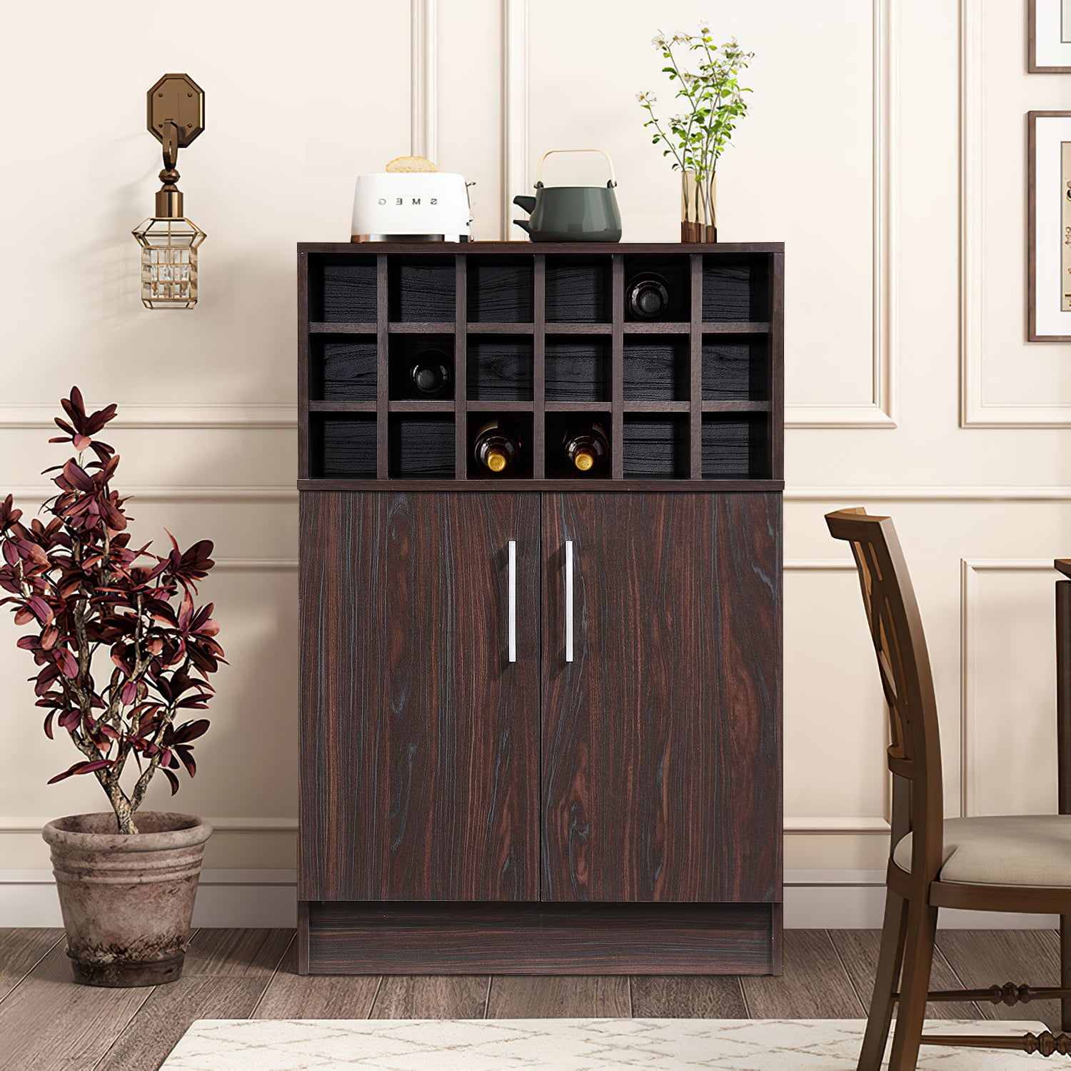 Kadyn Modern Wine Rack Bar Cabinet, Fiberboard Wine Bar Cabinet for Home Bar, Mid Century Bar Cabinet with Storage Space, Walnut