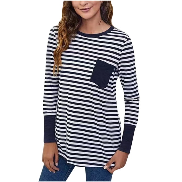 Birdeem Mode Femme Décontracté Col Rond Manches Longues Poche T-Shirt Imprimé Blouse Tops