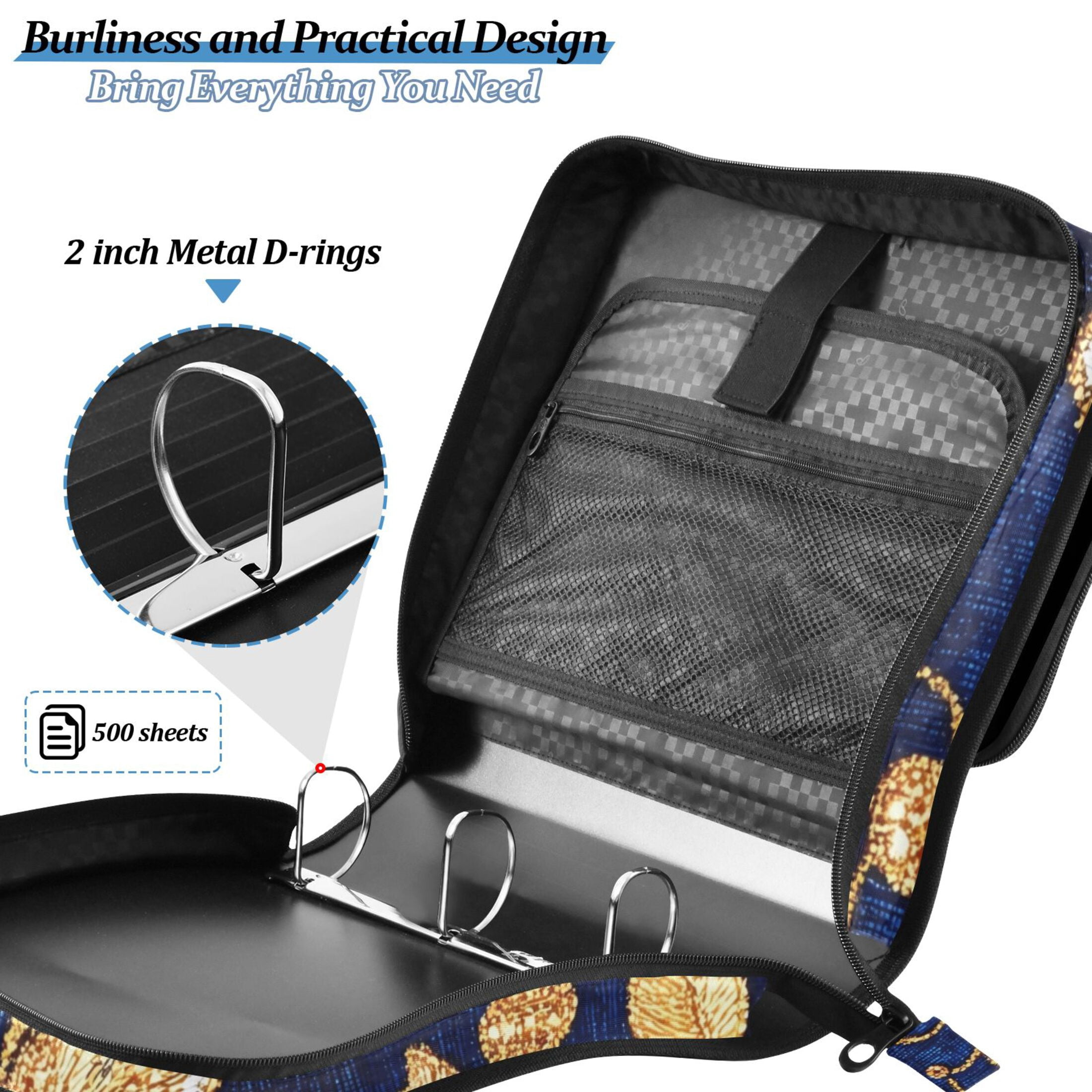 3 Ring Zipper Binder with Shoulder Strap Waterproof Trapper Keeper 2 Inch D-Ring 500 Sheets Capacity Colorful Embroidered Flower