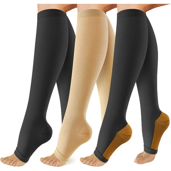 3 Pairs Open Toe Medical Sport Compression Socks - 15-20mmhg Graduated Knee-High Support for Men & Women, Ideal for Soccer, Running, and Nurses
