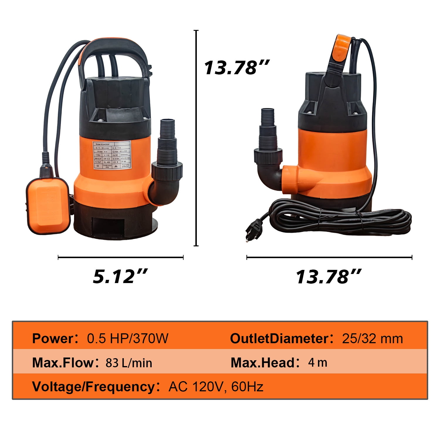 Submersible Pump with Auto Float Switch and 0.5HP Motor, High Efficiency Dirty Water Utility Pump and Drainage Tool for Basement Pond Pool, Black