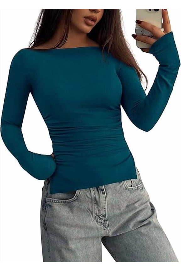 Long Sleeve Shirts for Women Fall Casual Boat Neck Knit Workout Going Out Tops Fitted Side Slit Basic Tees