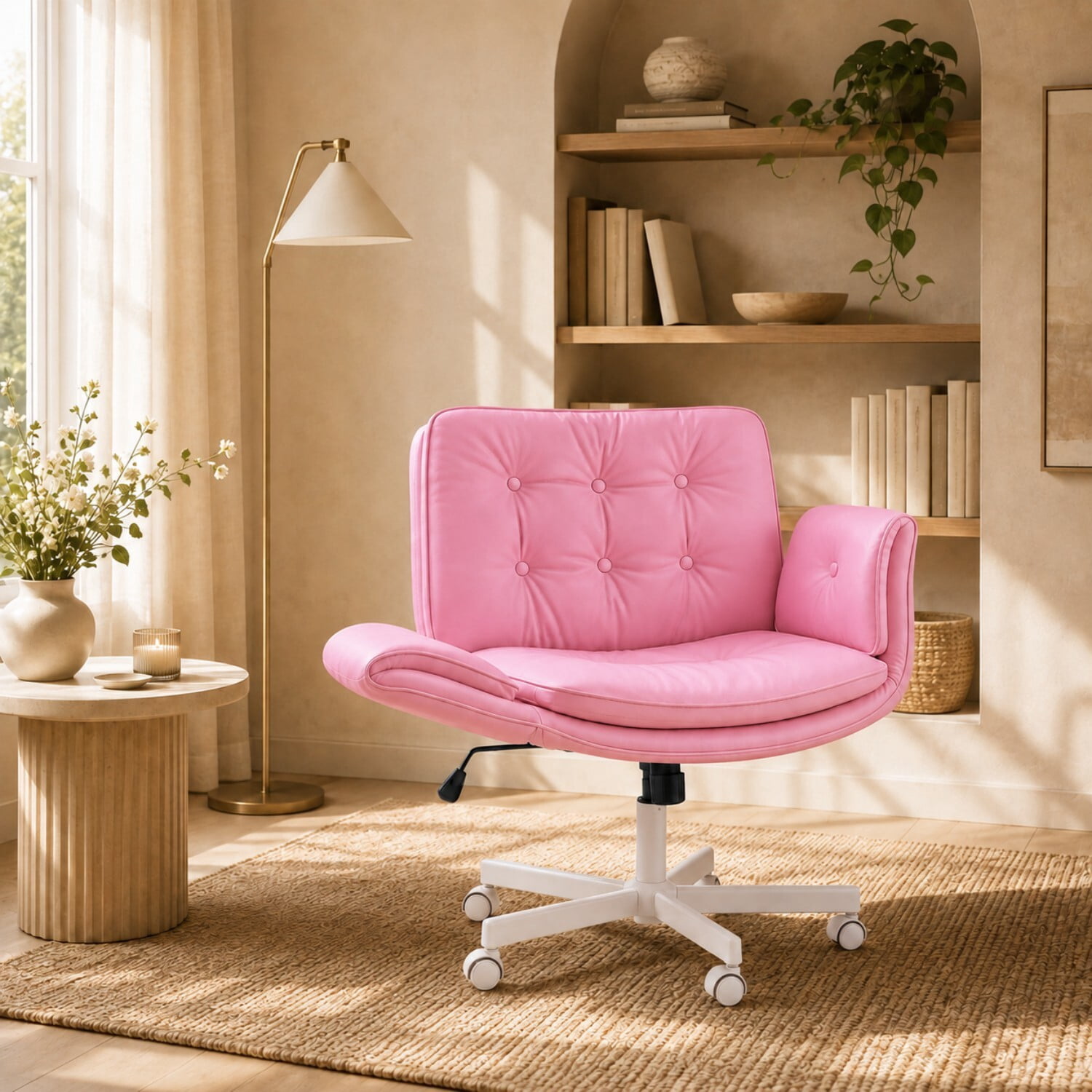 Easy4Home Criss Cross Office Chair with Wheels and Adjustable Armrests, Wide Seat PU Leather Swivel Computer Desk Chair, Pink