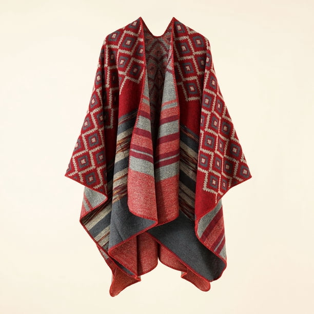 Xiao Hua Poncho tipo capa con estampado vintage y frente abierto para mujer, chal de invierno, color rosa