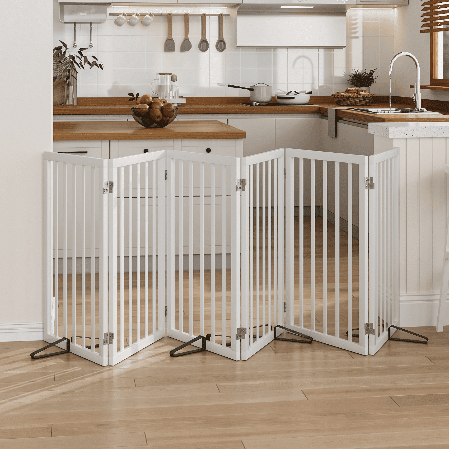 Smart FENDEE 33" Tall Foldable Bamboo Freestanding Pet Gate with Dog Gate and Four Support Feet, Expands to 110 in Wide