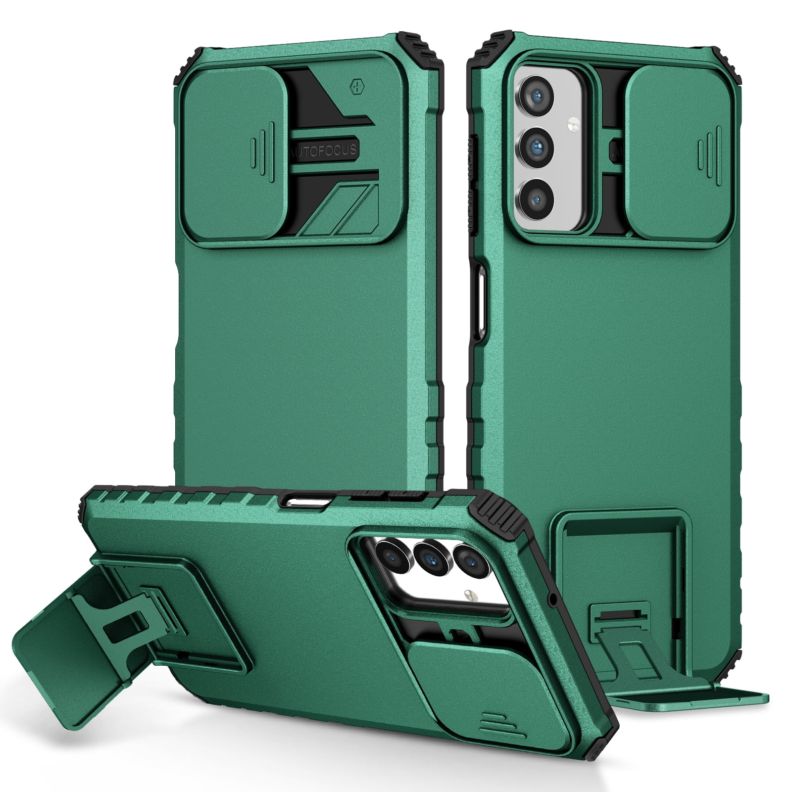 for Samsung Galaxy A16 5G Case with Camera Lens Slide Protection, Armour Silicone TPU Bumper Tough PC Cover Kickstand, Military Shockproof Absorption Case for Samsung Galaxy A16 5G, Darkgreen