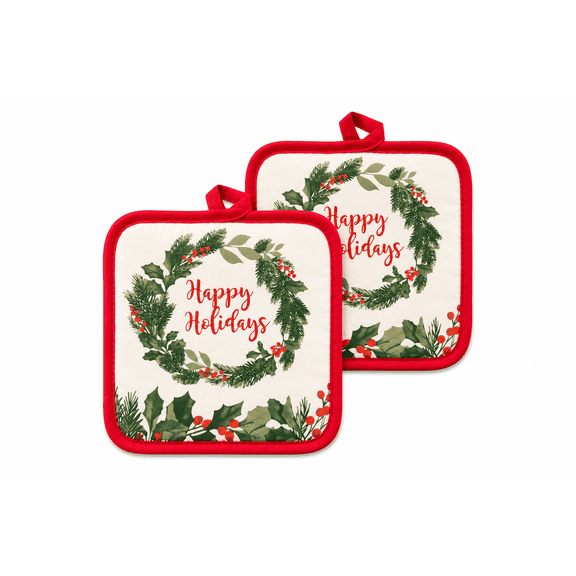 Christmas Potholders 2 Pack Happy Holidays Kitchen Hot Pads Cotton 7x7 Inch Heat Resistant Red Holiday Pot Holders