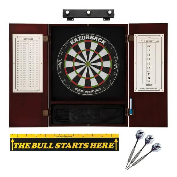 Viper Razorback Sisal Dartboard, Viper Underground Raven Steel Tip Darts 25 Grams, Metropolitan Mahogany Cabinet, Shadow Buster Dartboard Lights & "The Bull Starts Here" Throw Line Marker