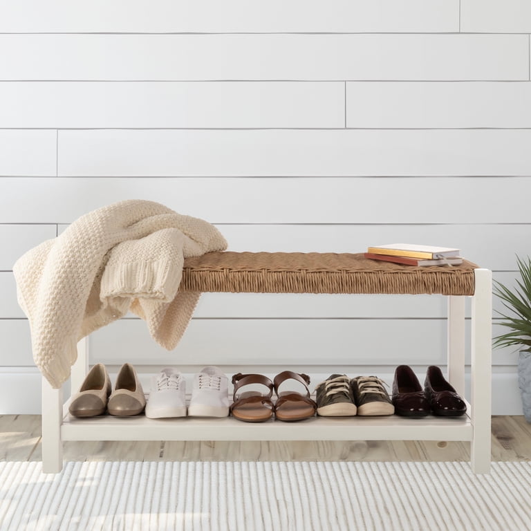 Alaterre Newport 40in Wood Bench with Rush Seat and Storage Shelf