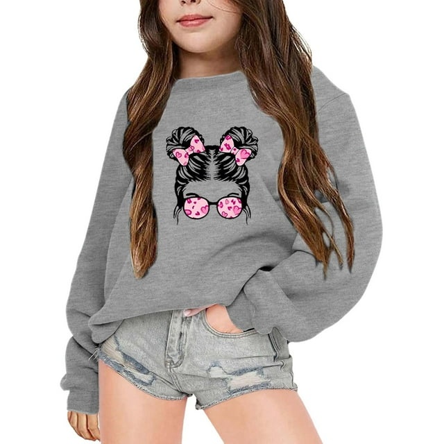 YOUSNH Chandails pour Enfants Filles Automne et Hiver Imprimé Lettre Col Rond Manches Longues Chandail Filles Chandails à Capuchon Gris 5-6 Ans