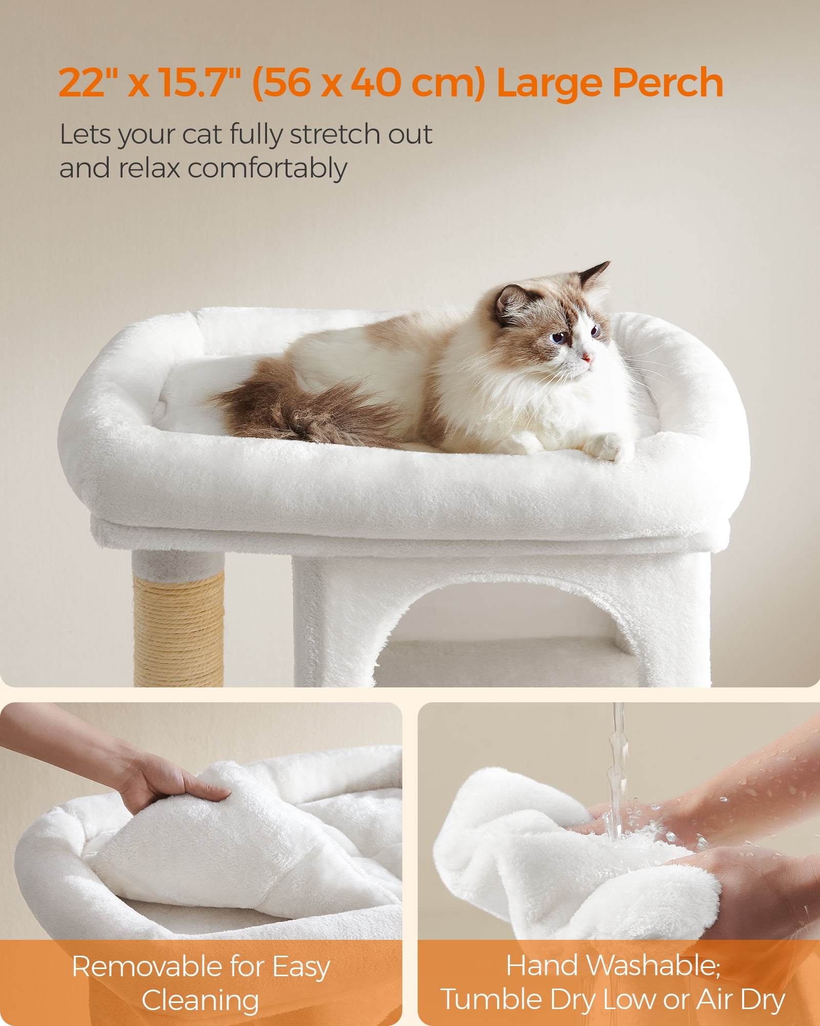 Cat Tree 33.1-Inch Cat Tower for Large Cats up to 16 lb, Large Perch, 2 Cat Caves, Scratching Post, Cream White