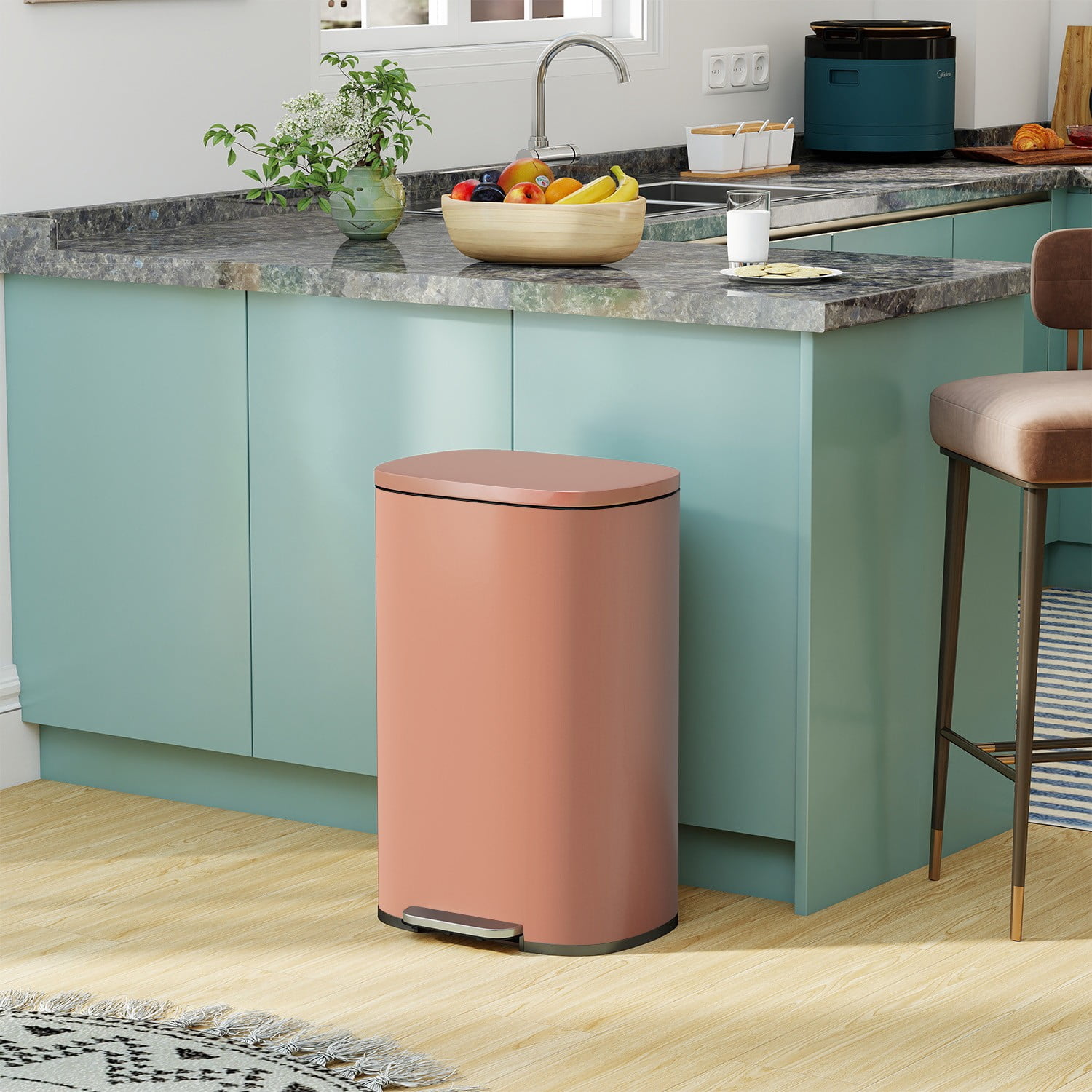FASCK 13 Gallon/50 L Garbage Can Kitchen Trash Can with Lid for Office Bedroom Bathroom Step Trash Bin Fingerprint-Proof Brushed Stainless Steel 13 Gallon / 50 Liter,Pink