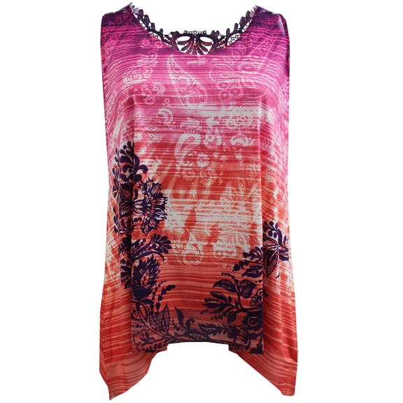 Plus Size Women's Sleeveless Fashion Pink Print Crochet Lace Back Tank Top (Size 1X-3X) Pink 1X