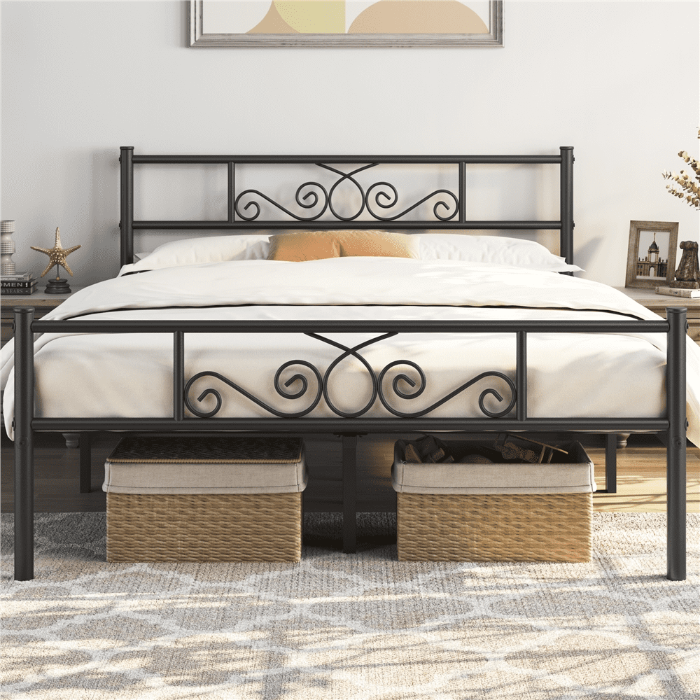Fullfurnique Metal Platform Bed Frame with Scroll Headboard and Footboard, Queen, Black