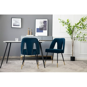 Velvet Dining Chair Set of 2, Contemporary Velvet Leisure Chair with Nailheads and Gold Tipped Black Metal Legs, Nailheads Dining Chair,Contemporary Side Chairs, for Dining Room Living Room, Blue