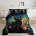 thumbnail image 2 of Manfei Cartoon Cat Full Size Comforter Sets, Boho Flower Botanical Bedding Comforter Set, Navy Green, Black Reversible, 3pcs, 1 Comforter and 2 Pillowcases, 2 of 7