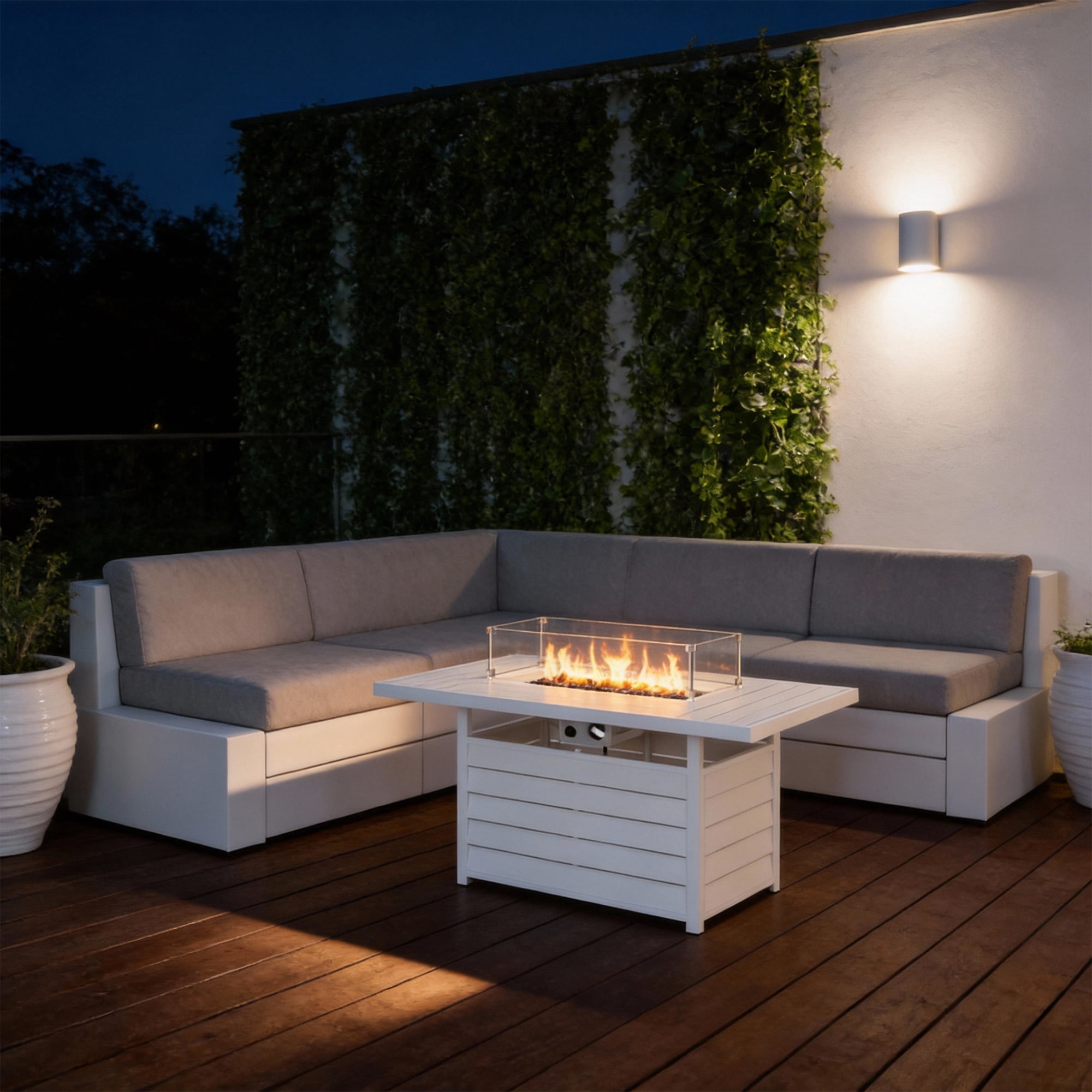 KIOOTTO 54" Outdoor Propane Fire Pit Table, 50,000 BTU Aluminum Gas Fire Table with Glass Wind Guard & Cover, CSA Certified, White