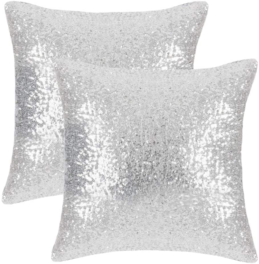 Silver 1 Cover Pack PONY DANCE Throw Pillow Cover 18 x 18 Inches Bling Sequin Glitter Sequins Cushion Cover Sofa Pillow Case for Wedding/Christmas Decoration Including Hidden Zipper 