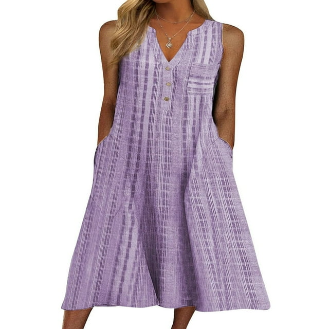 Robes Décontractées à Carreaux pour Femmes Été Col en V Boutonnée Ample Robe Midi Robes d'Été avec Poches Violet G