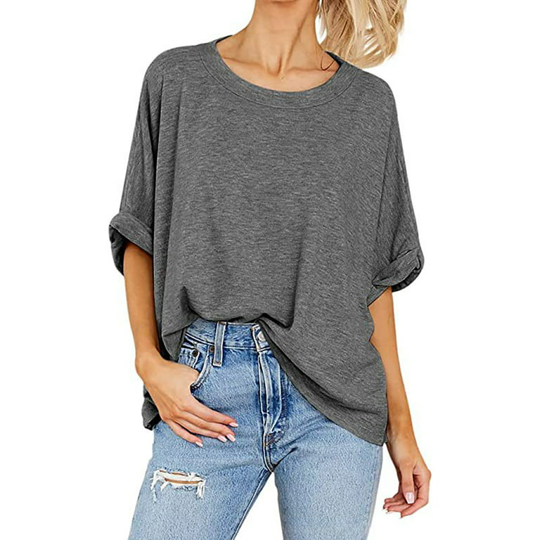 JGGSPWM Women Short Sleeve Tops Basic Essential Casual Loose Summer Tunic  Crewneck Blouse Oversized Tshirts Solid Shirts Plus Size Tees Gray XXL