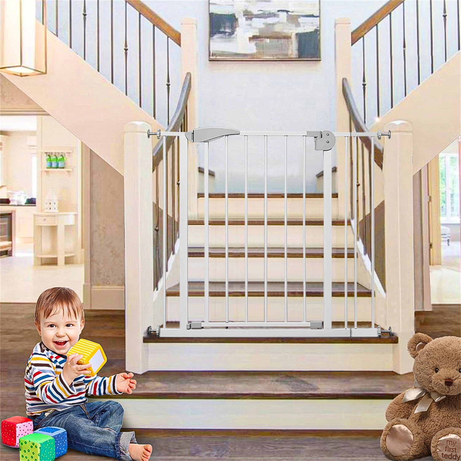 Pefilos 31" Freestanding Dog Gate Extra Wide Pressure Mounted Metal Baby Gate, No Drilling, No Tools Required, Fits Openings 29.5-32 Inch , White Pefilos 31" Freestanding Dog Gate Extra Wide Pressure Mounted Metal Baby Gate, No Drilling, No Tools Required, Fits Openings 29.5-32 Inch , White