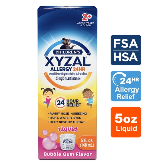 Xyzal Children's 24 Hour Allergy Relief Medicine for Kids, Levocetirizine Dihydrochloride Liquid Antihistamine, Bubble Gum, 5 Fl. oz.