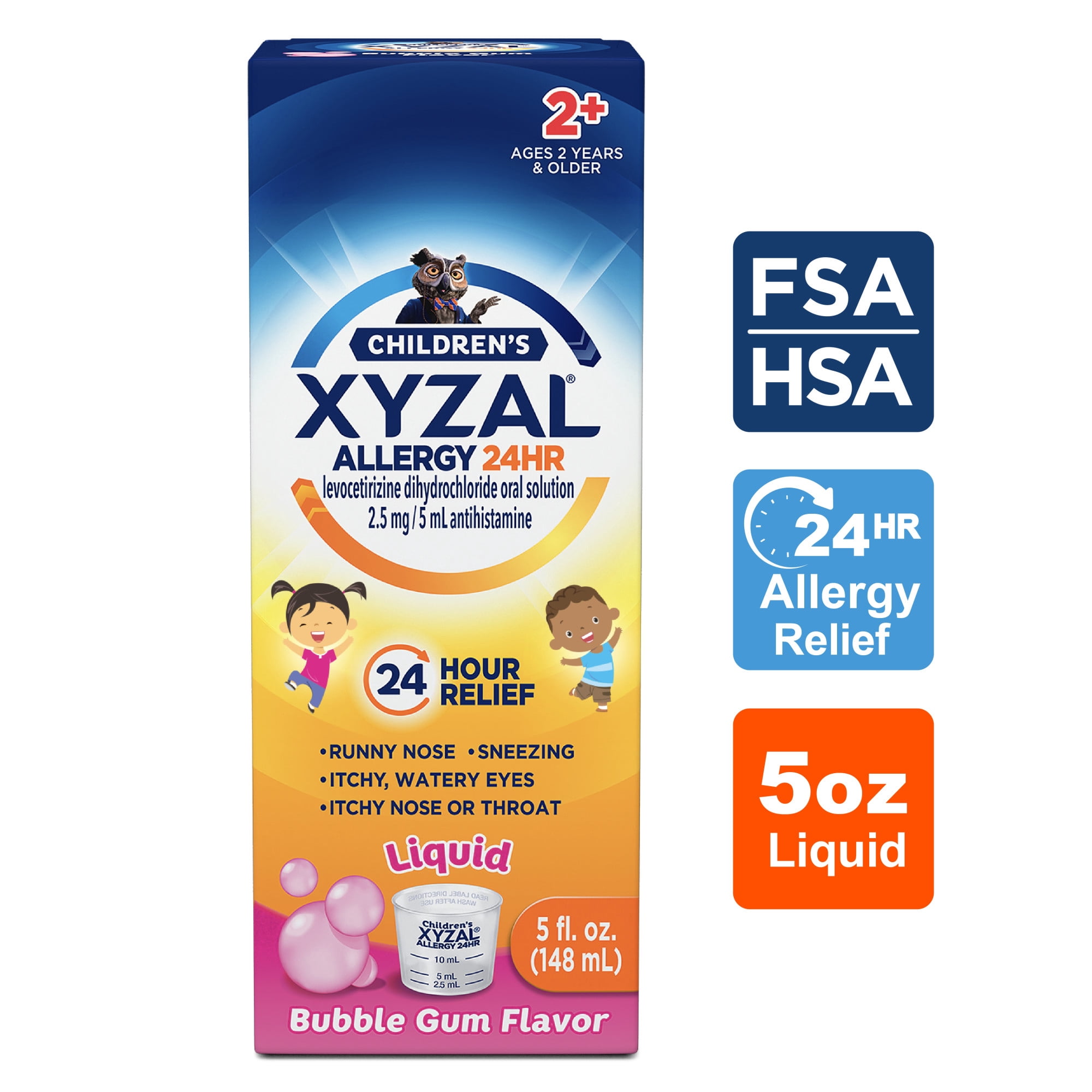 Xyzal Children's 24 Hour Allergy Relief Medicine for Kids, Levocetirizine Dihydrochloride Liquid Antihistamine, Bubble Gum, 5 Fl. oz.